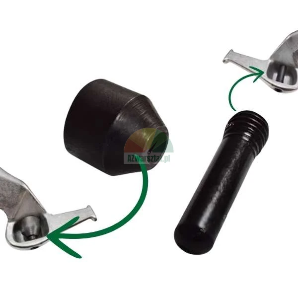 Satz mechanischer Teile mit schwarzen Komponenten und Metallhaltern, grüne Pfeile zeigen die Montagemethode.