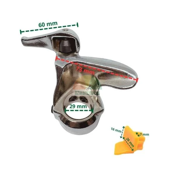 Montagekopf aus Metall für Reifenmontiermaschine mit Maßen 60 mm, 73 mm und 29 mm sowie ein gelber Schutzeinsatz mit Maßen 16 mm, 26 mm und 7 mm.
