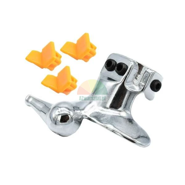 Montagekopf aus Metall für Reifenmontiermaschine mit drei orangen Kunststoff-Schutzeinsätzen.