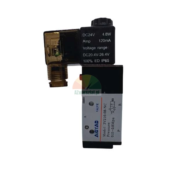 Pneumatisches Magnetventil AIGYAD Modell 3V210-08-NC mit 24V DC Spannungsversorgung und schwarzem Gehäuse mit technischen Daten
