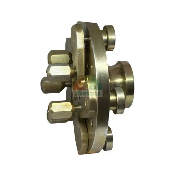 Messing-Montageadapter mit beweglichen Nocken und Einstellschrauben.