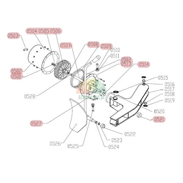 Explosionszeichnung mechanischer Teile mit Identifikationsnummern von 0501 bis 0528.
