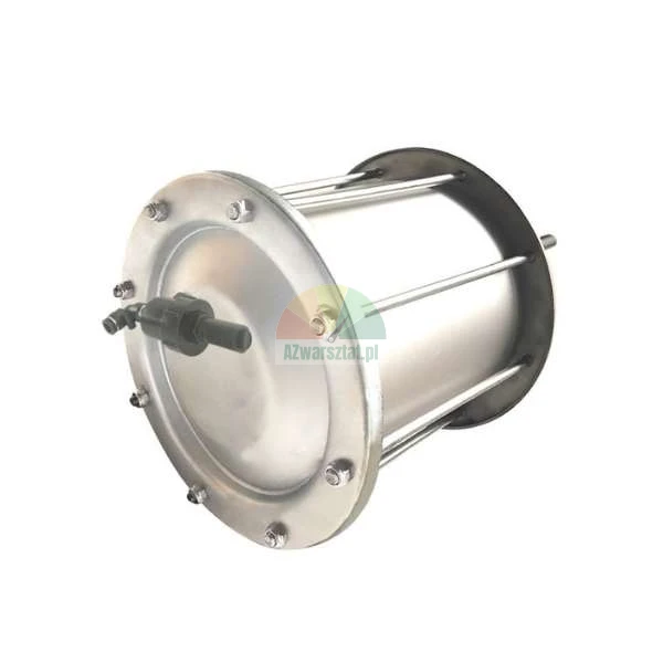 Industrieller Trommelfilter aus Edelstahl mit Montageschrauben und schwarzem Anschluss.