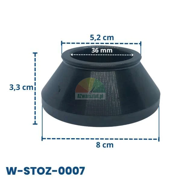 Schwarzer Gummikegel mit den Maßen: Höhe 3,3 cm, Basisdurchmesser 8 cm, oberer Durchmesser 5,2 cm und Innenloch 36 mm, Code W-STOZ-0007