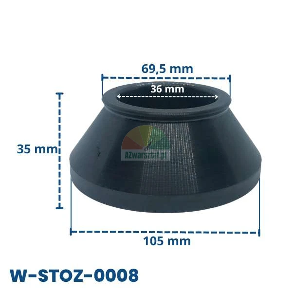 Zentrierkonus für Auswuchtmaschine W-STOZ-0008 mit Maßen: Innendurchmesser 36 mm, Höhe 35 mm, oberer Durchmesser 69,5 mm und unterer Durchmesser 105 mm.