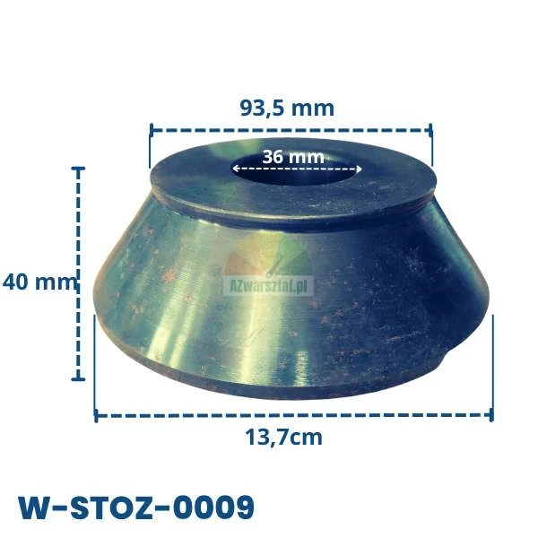 Metall-Zentrierkonus für Auswuchtmaschinen Modell W-STOZ-0009 mit bemaßten Angaben: Basis 13,7 cm, Oberseite 93,5 mm, Innenbohrung 36 mm und Höhe 40 mm.