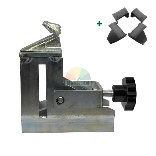 Metallische Montagehalterung mit schwarzem Sterngriff und vier zusätzlichen Kunststoff-Schutzkappen.
