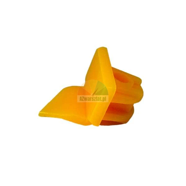 Gelber Montageclip aus Kunststoff für Autopolsterung auf weißem Hintergrund.