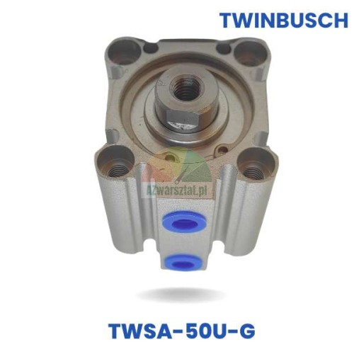 Pneumatikzylinder TWSA-50U-G Ersatz für Twin Busch, Draufsicht auf das Metallgehäuse und die blauen Anschlussöffnungen.