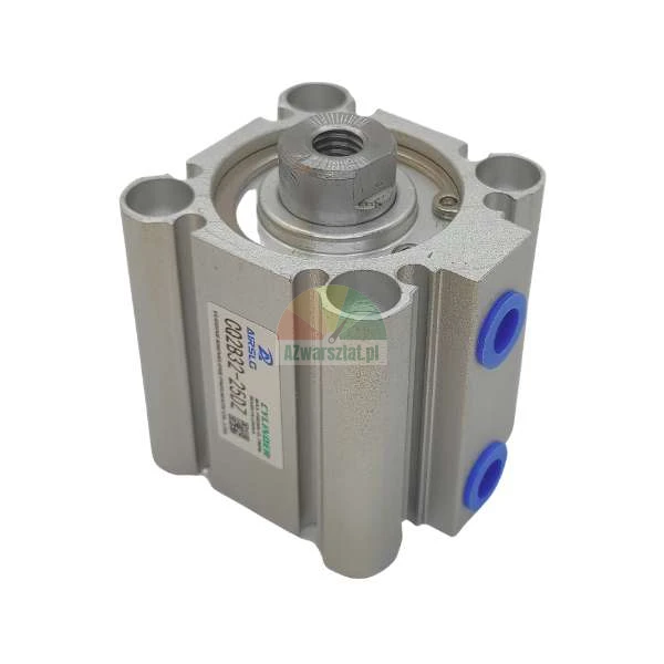 Kompakter Pneumatikzylinder AIRSLG Modell CQ2B32-25DZ mit Aluminiumgehäuse und blauen Anschlüssen.
