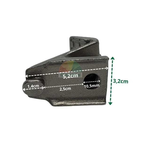 Schwarzes Metallteil mit Maßen: Länge 5,2cm, Höhe 3,2cm und Lochdurchmesser 10,5mm.