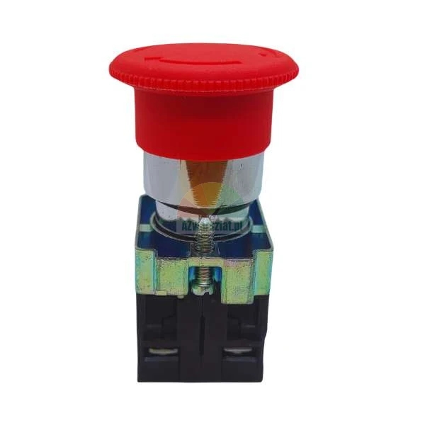 Roter Not-Aus-Taster in Pilzform mit mechanischer Verriegelung und elektrischen Kontakten.