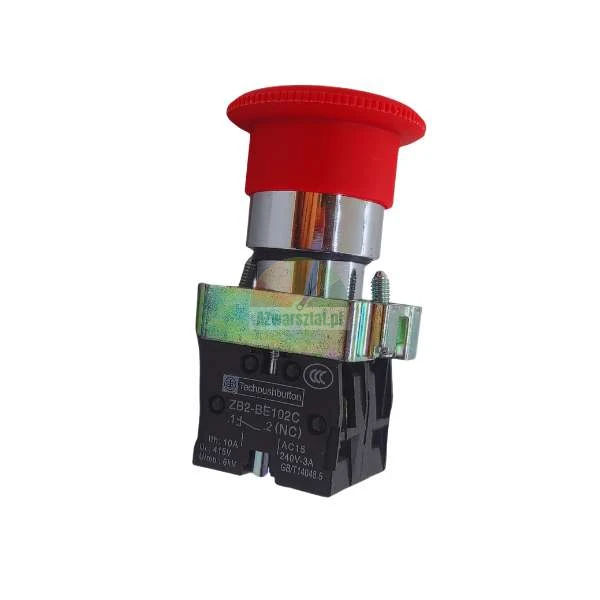 Roter Not-Aus-Pilztaster ZB2-BE102C mit Chromhals und schwarzem NC-Kontaktblock.