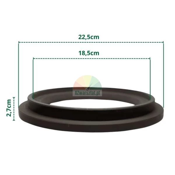 Schwarzer Ring mit technischen Abmessungen: Außendurchmesser 22,5 cm, Innendurchmesser 18,5 cm und Höhe 2,7 cm.