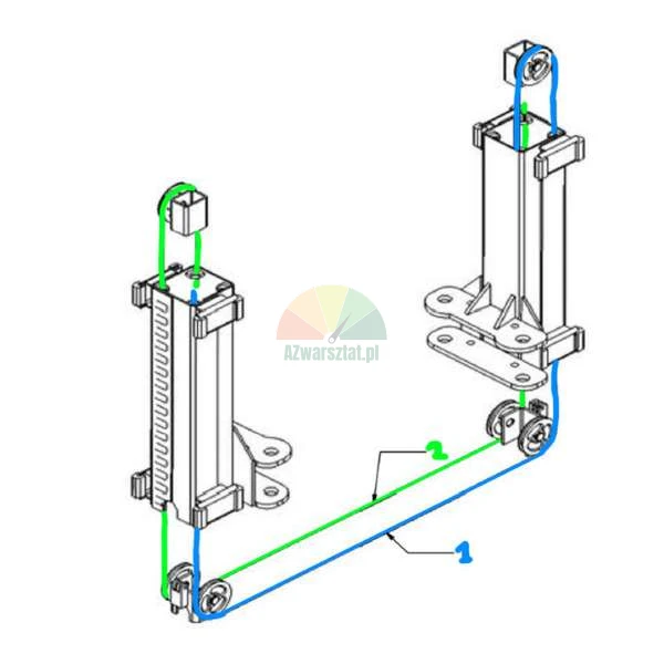 Technische Zeichnung eines Seilsystems für eine Zwei-Säulen-Hebebühne mit markierten Seilverläufen: blau (1) und grün (2).