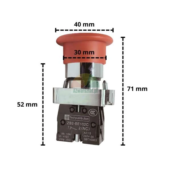 Roter metallischer Pilzdrucktaster 1NC mit Abmessungen