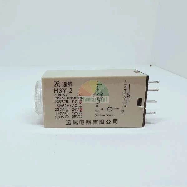 Zeitrelais H3Y-2 mit aufgedruckten technischen Daten und Schaltplan auf dem beigen Gehäuse.