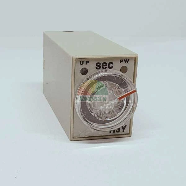 Analoges Zeitrelais mit transparentem Einstellrad und rotem Zeiger, beschriftet mit 'sec' für Sekunden.