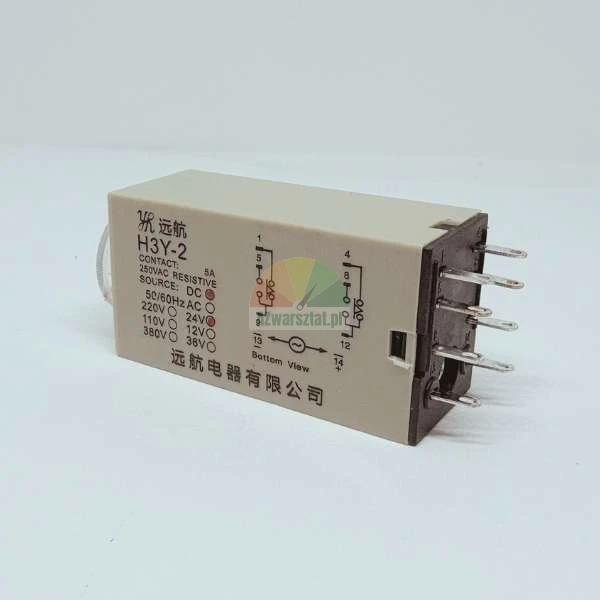 Zeitrelais H3Y-2, 24V DC, 5A 250VAC, mit Schaltplan auf der Seite.