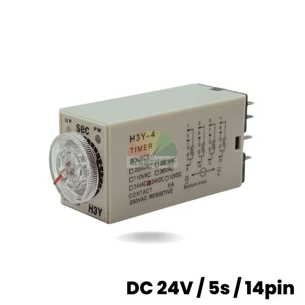 Zeitrelais H3Y-4 DC 24V 5s 14-polig mit transparentem Einstellrad und sichtbarem Anschlussplan