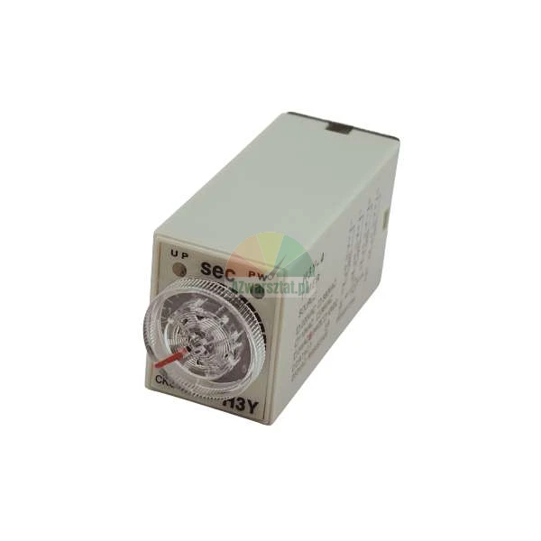 Industrielles Zeitrelais H3Y-4 mit Einstellrad und Status-LEDs auf weißem Hintergrund.