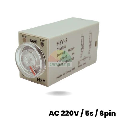 Zeitrelais H3Y-2 AC 220V mit einem Zeitbereich von 5 Sekunden, 8-polig, mit Einstellrad und Schaltplan auf dem Gehäuse.