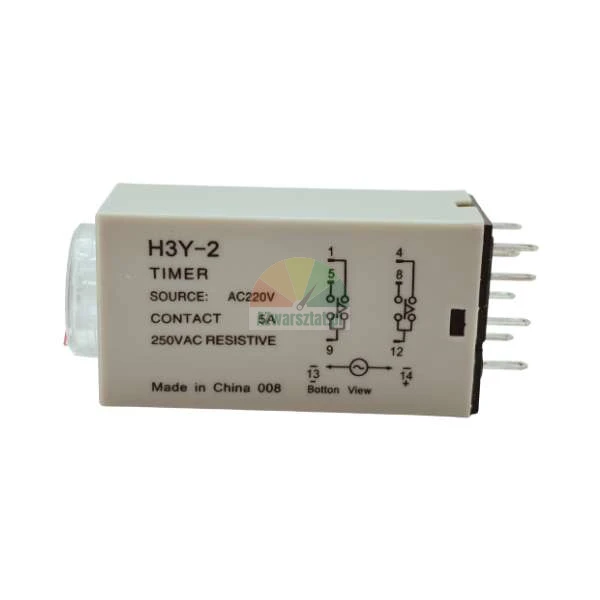 Zeitrelais H3Y-2 220V AC, 5A, Seitenansicht mit technischen Spezifikationen und Schaltplan.