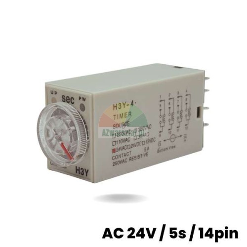 Zeitrelais H3Y-4 AC 24V, Zeitbereich 5 Sekunden, 14-polig, Ansicht des Gehäuses mit Schaltplan und Einstellrad.
