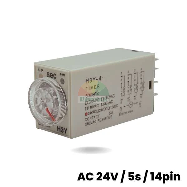 Zeitrelais H3Y-4 AC 24V, Zeitbereich 5 Sekunden, 14-polig, Ansicht des Gehäuses mit Schaltplan und Einstellrad.