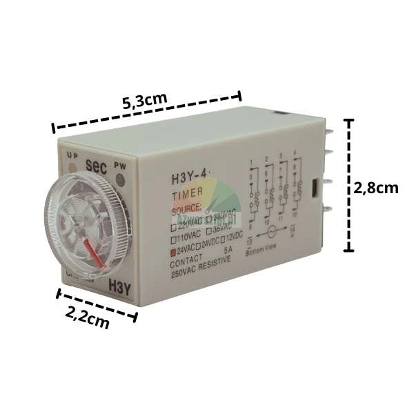 Zeitrelais H3Y-4 24V AC 5 Sekunden 14 PIN mit Abmessungen 5,3x2,8x2,2 cm