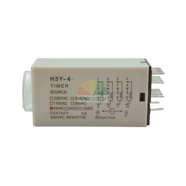 Zeitrelais H3Y-4, 24V AC Spannungsversorgung, Kontaktbelastbarkeit 5A 250VAC, Schaltplan auf dem Gehäuse.