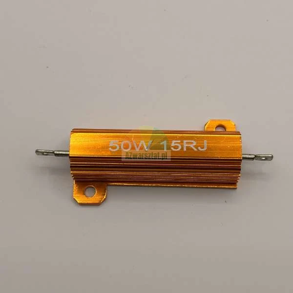 Goldener 50W 15 Ohm Leistungswiderstand im Aluminiumgehäuse mit Kühlrippen.