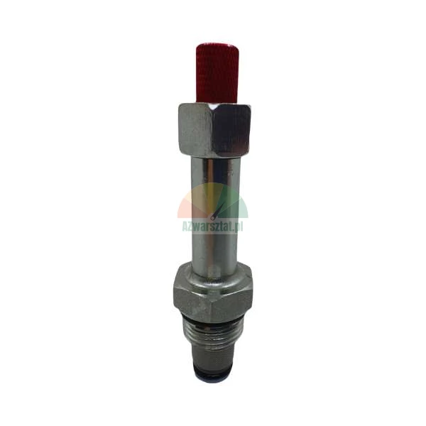 Hydraulikventil aus Metall mit roter Kappe und Gewindeende auf weißem Hintergrund.
