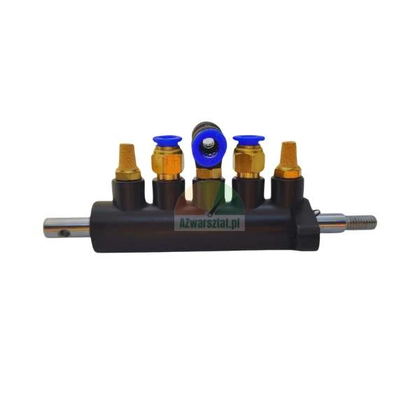 Pneumatischer Verteilerblock mit blauen Schnellkupplungen und goldenen Schalldämpfern.