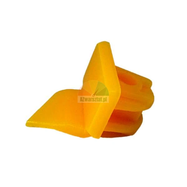 Orangefarbener Kunststoff-Montageclip auf weißem Hintergrund.