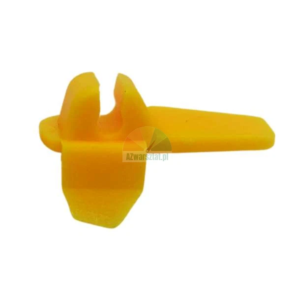 Gelber Kunststoff-Montageclip mit U-förmiger Halterung.