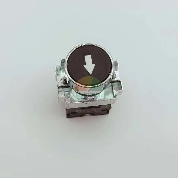 Industrieller Drucktaster mit schwarzem Rundkopf und weißem Abwärtspfeilsymbol, montiert auf einem Metallgehäuse.