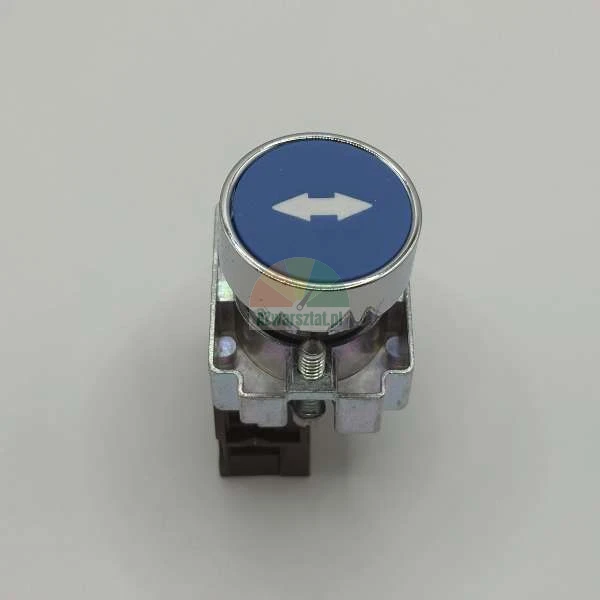 Blauer Industrie-Drucktaster mit weißem horizontalem Doppelpfeil in einem Metallgehäuse.