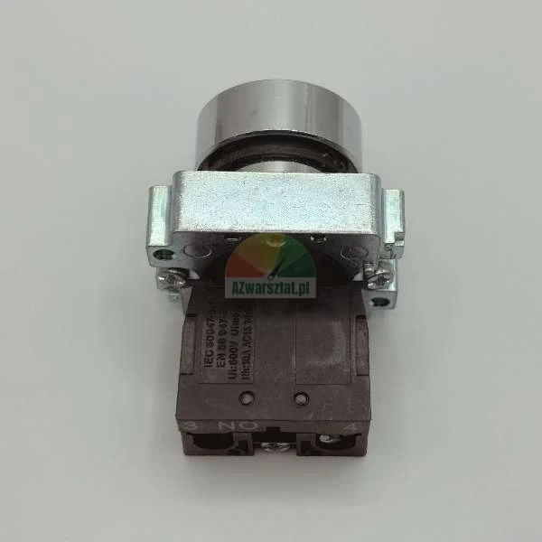 Industrieller Drucktaster mit Schließer-Kontaktblock (NO) und Metallbefestigungsring.
