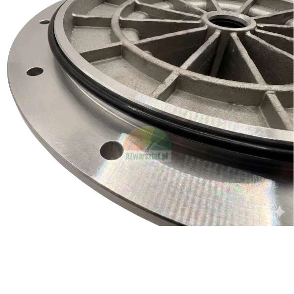 Nahaufnahme eines runden industriellen Metallflansches mit einer schwarzen Gummi-O-Ring-Dichtung und Befestigungslöchern.