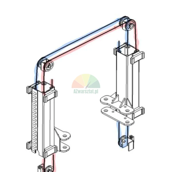 Technische Darstellung eines Seilzugmechanismus für eine Hebebühne mit blau und rot markierter Seilführung.
