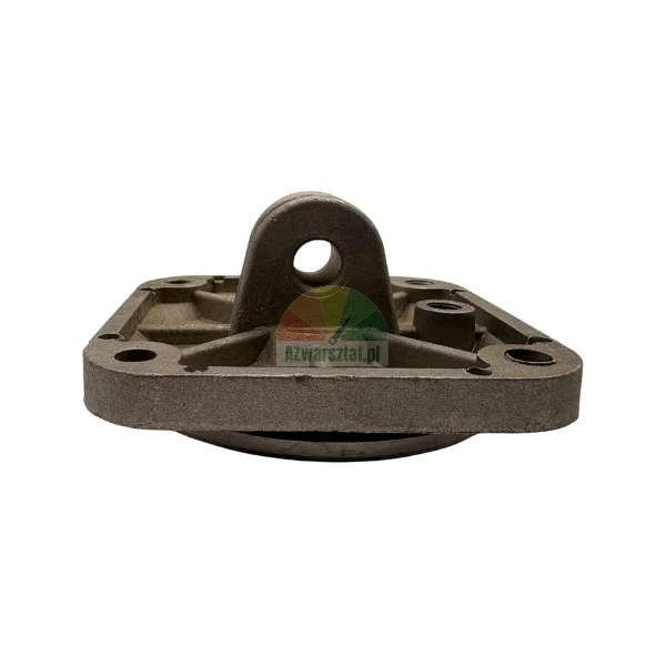 Industrielles Metallgussteil mit quadratischer Basis, vier Befestigungslöchern und zentraler Öse.