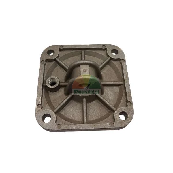 Quadratische Metalldeckelplatte mit vier Montagelöchern und einer zentralen Bolzenhalterung.