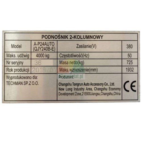 Typenschild der 2-Säulen-Hebebühne QJY240B-E mit technischen Daten.
