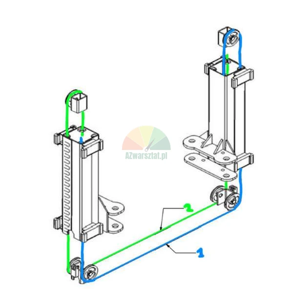 Schematische technische Zeichnung eines Seil- und Rollensystems zwischen zwei Säulen, mit blau markierten (1) und grün markierten (2) Seilen.