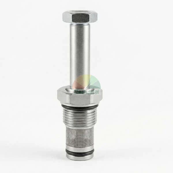 Hydraulisches Ventilbauteil aus Metall mit Siebfilter, Sechskantkopf und O-Ringen auf weißem Hintergrund.