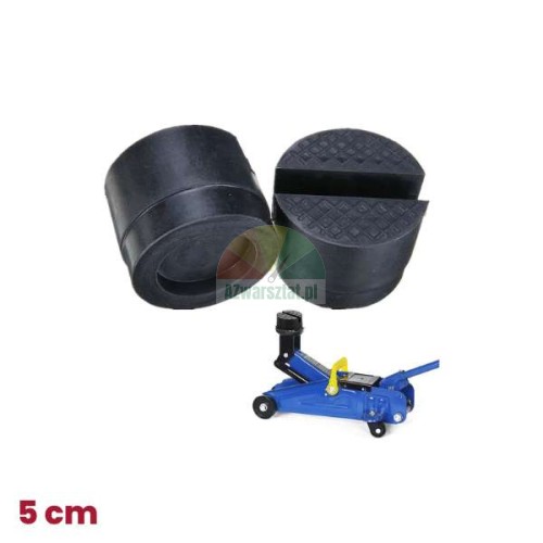 Schwarze 5 cm Gummiauflage für Wagenheber mit Nut neben einem blauen hydraulischen Wagenheber