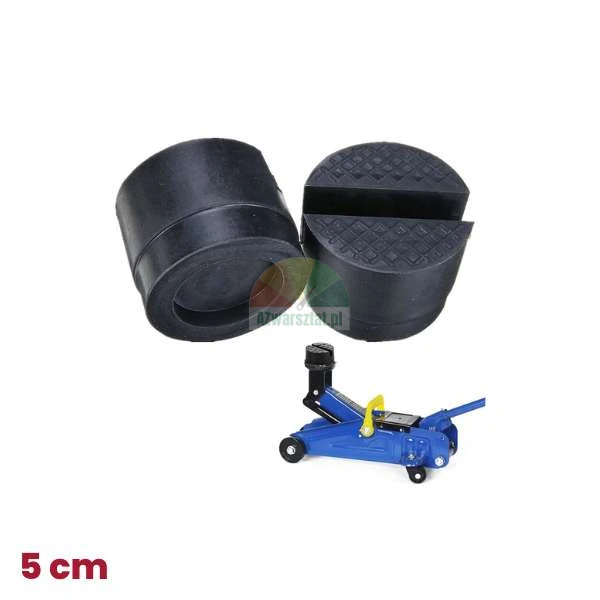 Schwarze 5 cm Gummiauflage für Wagenheber mit Nut neben einem blauen hydraulischen Wagenheber