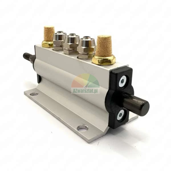 Pneumatischer Ventilblock mit Schalldämpfern und Verschraubungen auf Aluminiumsockel
