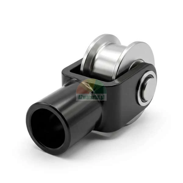 Führungsrolle aus Metall in einem schwarzen Gehäuse